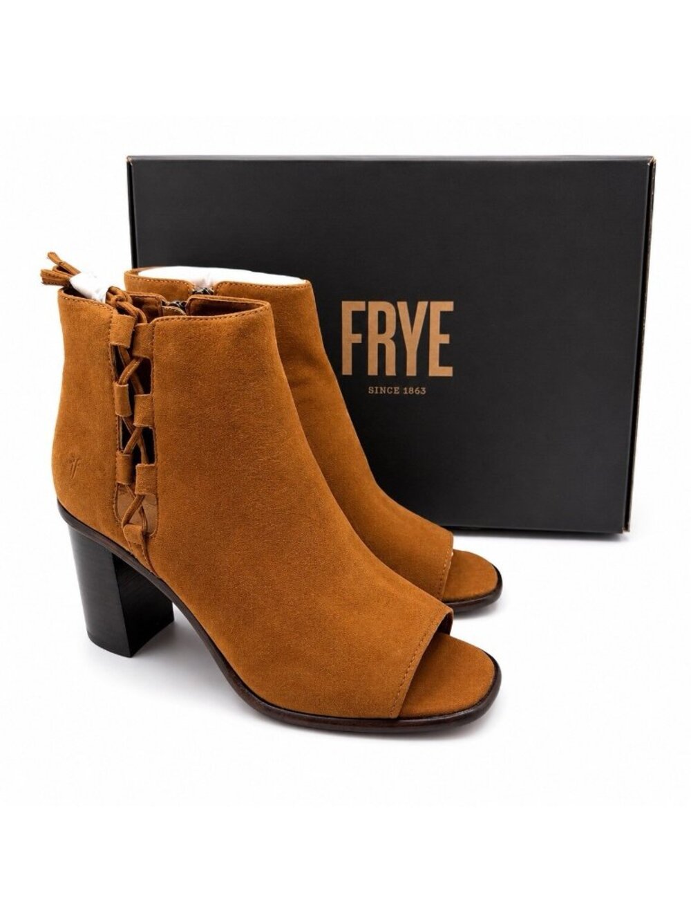 Frye Amy Side Ghillie Peep Toe Booties Nutmeg Suede Size 10 Fall